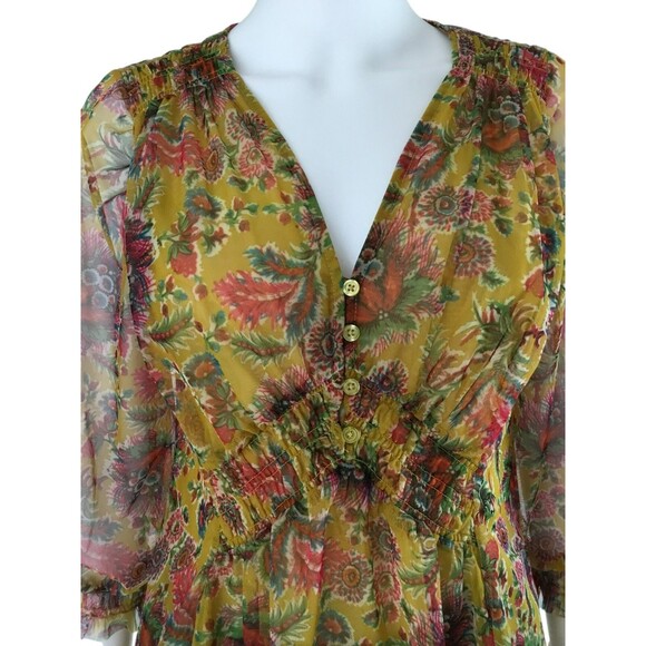 Anthropologie Sheer Mesh Babydoll Henley Top S Chartreuse Floral Balloon Sleeve - Picture 3 of 16